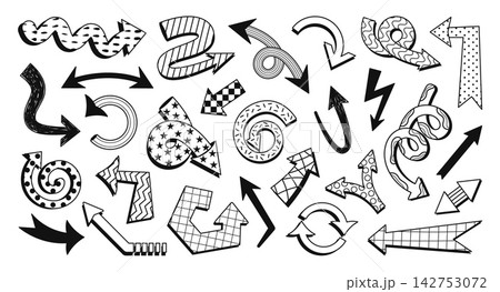 Abstract arrow. Playful outline arrows. Funky black direction sign in various shapes. Comic doodle direction symbols, wavy pointer, curved and turned arrow icon. Vector set 142753072