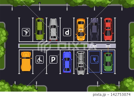 Parking lot. Overhead view of parking area. Parking zone, cars, marked parking spaces with signage, organized lane markings, accessibility symbol and EV charging icon. Vector concept 142753074