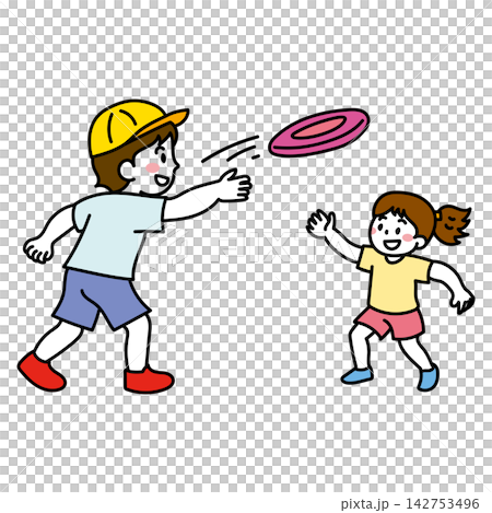 A boy and a girl playing catch with a flying disc. A boy and a girl playing catch with a flying disc. 142753496