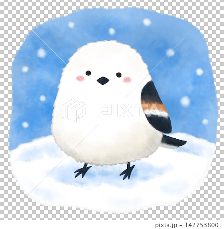 一幅可愛的水彩風格插圖，描繪了一隻長尾山雀在雪地裡。 142753800