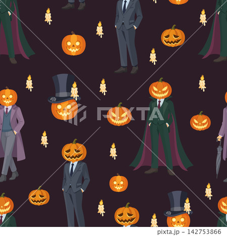 Seamless Halloween pattern with pumpkin head characters, jack lanterns, candles, and spooky costumes. Flat vector for fabric, wallpaper, and prints. 142753866