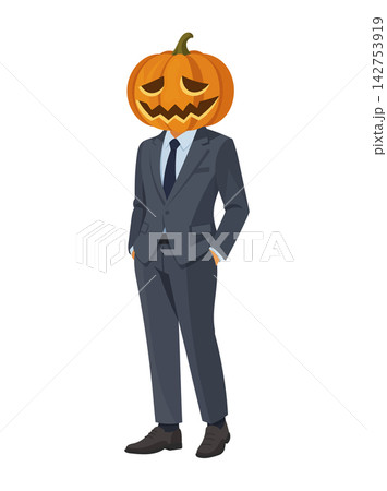 Flat vector illustration of a Halloween character with a carved pumpkin head wearing a formal business suit. Spooky autumn costume isolated on a white background. 142753919
