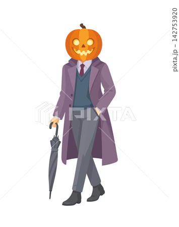 Flat vector illustration of a Halloween character with a glowing jack lantern head, elegant coat, formal outfit, and umbrella. Spooky autumn costume isolated. 142753920