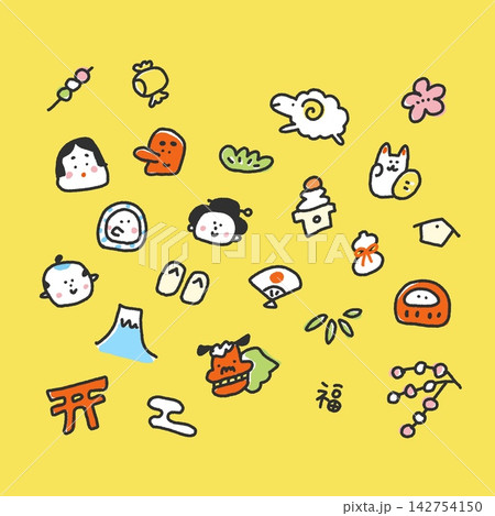 羊と日本の正月のゆるくてかわいい和風年賀バナー　黄色　手描き　2027年　正方形　富士山・達磨 142754150