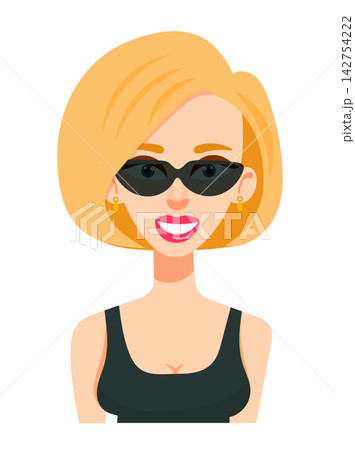 Blondes with short hair and earrings and sunglasses, cute cartoon character. Flat vector clipart, illustration with isolated background. Blondes with short hair and earrings and sunglasses, cute cartoon character. Flat vector clipart, illustration with isolated background. 142754222