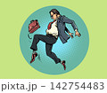 Pop Art Retro A man kicks a briefcase. Fatigue and anger at work. Searching for work and qualifications. 142754483