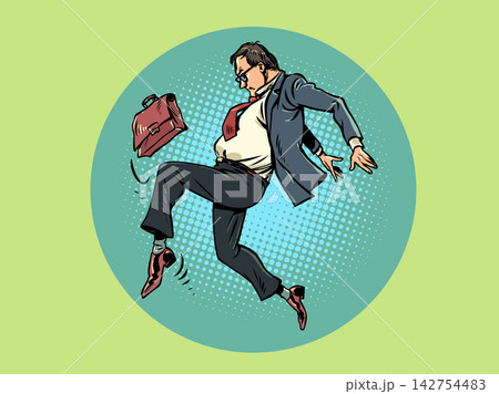 Pop Art Retro A man kicks a briefcase. Fatigue and anger at work. Searching for work and qualifications. Pop Art Retro A man kicks a briefcase. Fatigue and anger at work. Searching for work and qualifications. 142754483