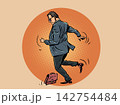 Pop Art Retro A man kicks a briefcase. Fatigue and anger at work. Searching for work and qualifications. 142754484