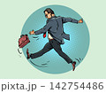 Pop Art Retro A man kicks a briefcase. Fatigue and anger at work. Searching for work and qualifications. 142754486