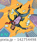 Pop Art Retro Office stress. Mental health issues. A man falls among skyscrapers. 142754498