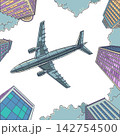 Pop Art Retro An airplane flies over the city. Travel around the world. International business. 142754500