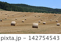 Harvested agricultural field dotted with round hay bales across rolling countryside 142754543