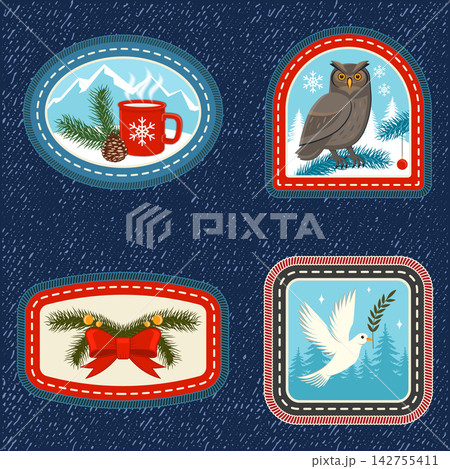 Vintage Christmas Scout Outdoor Badges with Owl, Camp Mug, Scout Hat and Winter Adventure Symbols. Vector Scout Merit patch. 142755411