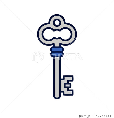 Minimalist outline icon of an ornate vintage key suitable for graphic design projects. 142755434
