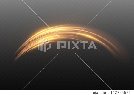 Golden light trails creating a dynamic and flowing speed effect on a transparent background Golden light trails creating a dynamic and flowing speed effect on a transparent background 142755676