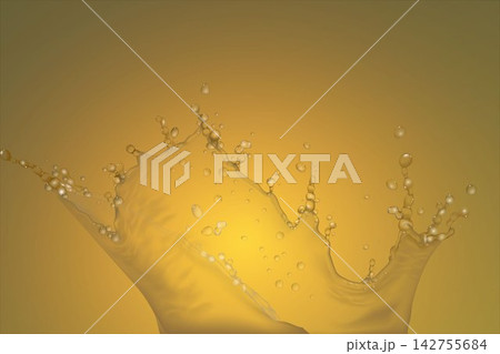 Golden liquid splash creating an abstract crown shape with numerous droplets against a warm background Golden liquid splash creating an abstract crown shape with numerous droplets against a warm background 142755684