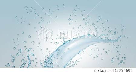 Water splashing up with numerous transparent droplets flying over a gradient background 142755690