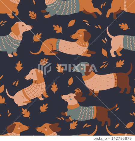 Seamless vector pattern featuring cute dachshunds in cozy knit sweaters with autumn leaves. Perfect for nursery textiles, wallpaper, and wraps. Seamless vector pattern featuring cute dachshunds in cozy knit sweaters with autumn leaves. Perfect for nursery textiles, wallpaper, and wraps. 142755879