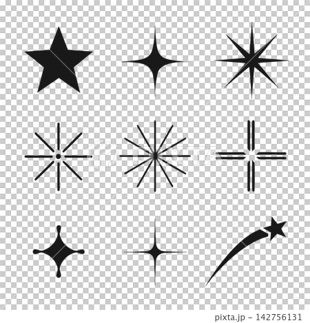 The image shows a collection of nine black silhouette icons of stars and sparkles, including classic five-pointed stars The image shows a collection of nine black silhouette icons of stars and sparkles, including classic five-pointed stars 142756131
