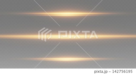 Luminous horizontal golden light rays creating bright optical flares Luminous horizontal golden light rays creating bright optical flares 142756195