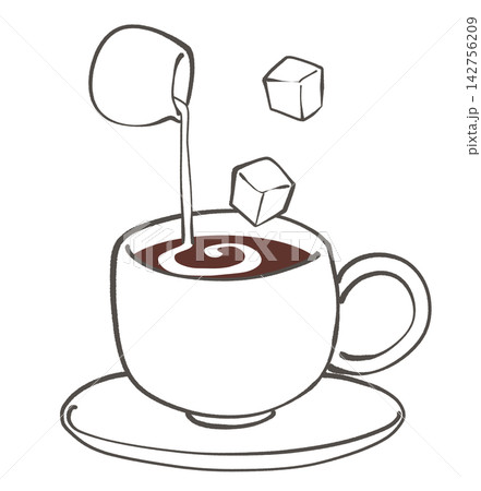 コーヒーにミルクと角砂糖を入れるイラスト 142756209