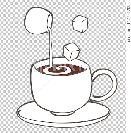 コーヒーにミルクと角砂糖を入れるイラスト 142756209