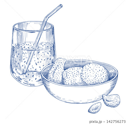 The glass. Handmade ink illustration. For design of cards, cover, prints, product labels and fabric. 142756273