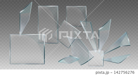 Broken and clear glass pieces scattering on a transparent background, showing fragility and sharp edges Broken and clear glass pieces scattering on a transparent background, showing fragility and sharp edges 142756276
