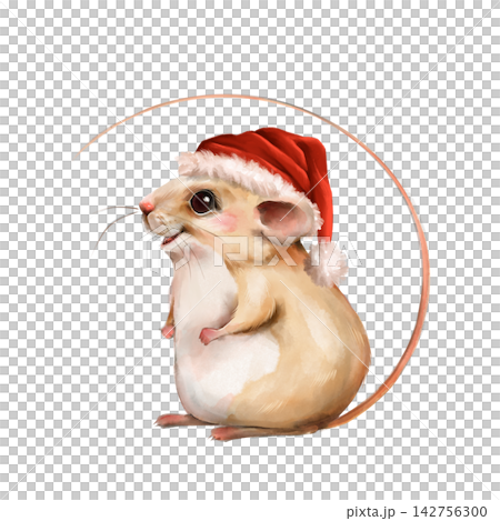 Hand-drawn illustration of a cute mouse wearing a red Santa hat with a long curved tail. Isolated on white background, perfect for festive Christmas cards, winter holiday nursery decor, and cheerful Hand-drawn illustration of a cute mouse wearing a red Santa hat with a long curved tail. Isolated on white background, perfect for festive Christmas cards, winter holiday nursery decor, and cheerful 142756300