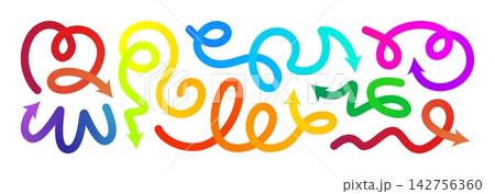 Arrow gradation, squiggly gradient vector line set. Curved carnival change icon. Rise pattern, doodle shape brush element. 3d dynamic multi colored curly loop spiral strokes. Abstract twirl bold paint Arrow gradation, squiggly gradient vector line set. Curved carnival change icon. Rise pattern, doodle shape brush element. 3d dynamic multi colored curly loop spiral strokes. Abstract twirl bold paint 142756360