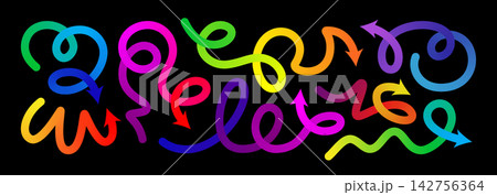 Gradient line arrow vector set. Curved shape doodle icon element, gradation squiggly brush bg. Up and down direction scribble stroke carnival pattern. Change plan graphic sign, color circle curly bold 142756364