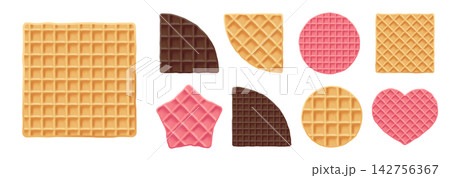 Waffle pink round biscuit for belgian dessert, tasty wafer texture icon. Square beige stroopwafel and star relief baked food, brown baked pattern. Isolated cute cookie heart, sweet syrup pancake 3d Waffle pink round biscuit for belgian dessert, tasty wafer texture icon. Square beige stroopwafel and star relief baked food, brown baked pattern. Isolated cute cookie heart, sweet syrup pancake 3d 142756367