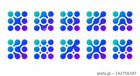 Connected dot icon, abstract tech logo. Vector shape science pattern, integration innovation symbol. Liquid circles merge into blob drops, medical data network metaball design. Round nano morph square Connected dot icon, abstract tech logo. Vector shape science pattern, integration innovation symbol. Liquid circles merge into blob drops, medical data network metaball design. Round nano morph square 142756397