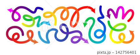 Gradient line arrow vector set. Curved shape doodle icon element, gradation squiggly brush bg. Up and down direction scribble stroke carnival pattern. Change plan graphic sign, color circle curly bold 142756401
