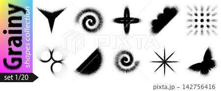 Gradient abstract shapes with circular grain dot texture and noise effect. Black vector stencil pattern of sand dust gradation, circle grainy airbrush. Round dotwork splash for halftone fluid sphere 142756416