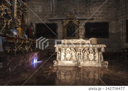 Recumbent marble tomb effigy on an ornate sarcophagus in Seville Cathedral Recumbent marble tomb effigy on an ornate sarcophagus in Seville Cathedral 142756477