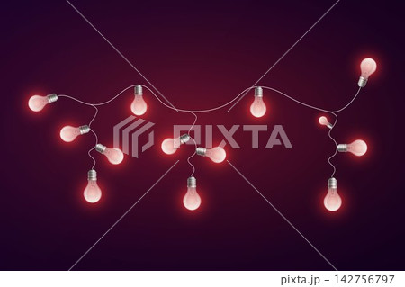 String of glowing red light bulbs creating a festive decoration on a dark background String of glowing red light bulbs creating a festive decoration on a dark background 142756797