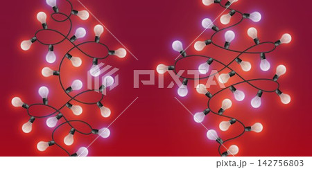 Decorative string lights creating a festive atmosphere with glowing bulbs on a red gradient Decorative string lights creating a festive atmosphere with glowing bulbs on a red gradient 142756803