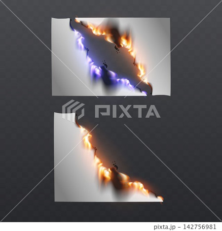 Paper sheet burning, showing fire and charred edges on transparent background Paper sheet burning, showing fire and charred edges on transparent background 142756981
