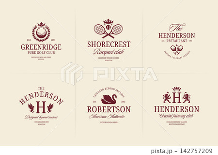 Burgundy Vintage Golf Tennis and Hospitality Crest Logo Vector Collection, Heritage Identity Templates 142757209