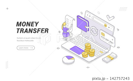 Online Money Transfer And Digital Payment Isometric Vector Illustration Banner Template 142757243