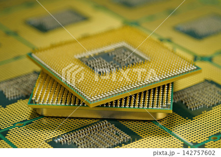 Close view of CPU pins and contacts. CPU unit powering computer operations 142757602