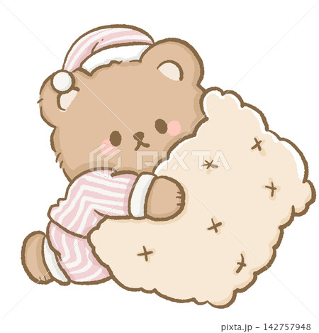 Cute Bedtime Bear Hugging Oversized Fluffy Star Pillow Wearing Pink Striped Pajamas and Sleep Cap Cozy Night Routine Illustration 142757948