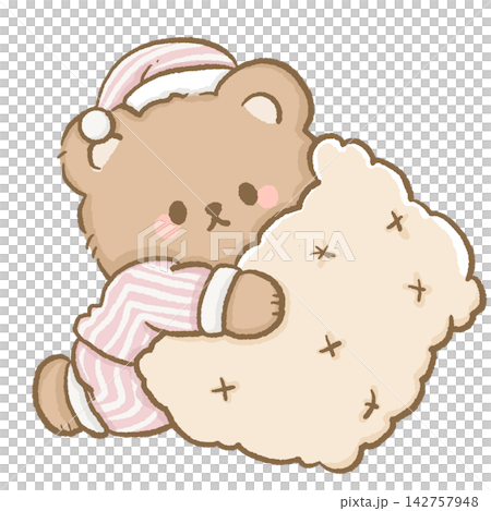 Cute Bedtime Bear Hugging Oversized Fluffy Star Pillow Wearing Pink Striped Pajamas and Sleep Cap Cozy Night Routine Illustration 142757948