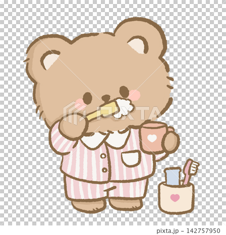 Cute Morning Routine Bear Brushing Teeth in Pink Striped Pajamas Holding Heart Mug With Toothbrush and Bathroom Essentials Illustration Cute Morning Routine Bear Brushing Teeth in Pink Striped Pajamas Holding Heart Mug With Toothbrush and Bathroom Essentials Illustration 142757950