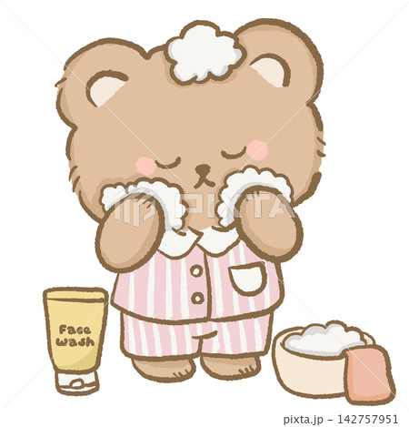 Cute Skincare Routine Bear Washing Face With Fluffy Cleanser Wearing Pink Striped Pajamas With Face Wash Towel and Self Care Essentials 142757951