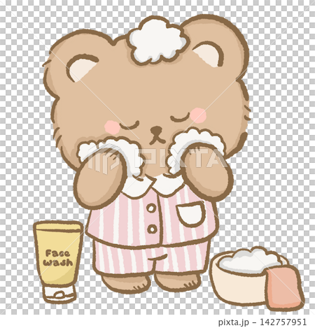 Cute Skincare Routine Bear Washing Face With Fluffy Cleanser Wearing Pink Striped Pajamas With Face Wash Towel and Self Care Essentials 142757951