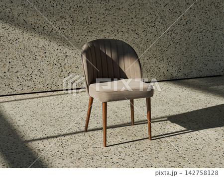 Beige upholstered lounge chair against speckled terrazzo wall with curved backrest, minimalist interior styling, and bold dramatic shadow on tiled floor Beige upholstered lounge chair against speckled terrazzo wall with curved backrest, minimalist interior styling, and bold dramatic shadow on tiled floor 142758128