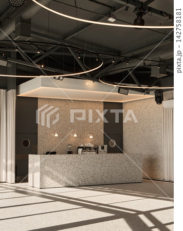 Modern cafe interior with terrazzo counter, curved ceiling light strips and exposed ductwork plus sleek espresso machine, wall sconces and warm ambient glow service 142758181