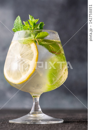 Refreshing Hugo Spritz cocktail with lemon mint ice bubbles and elegant summer presentation Refreshing Hugo Spritz cocktail with lemon mint ice bubbles and elegant summer presentation 142758851